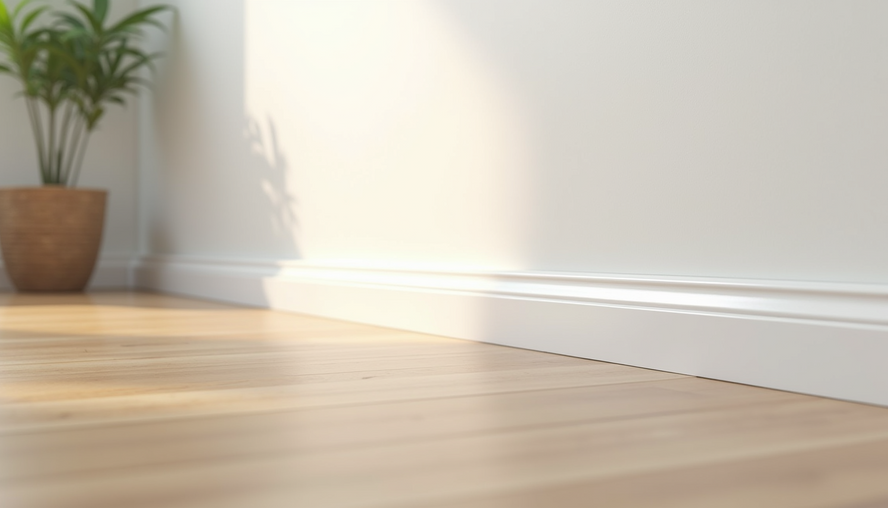 Close-up view of a clean white baseboard along a hardwood floor