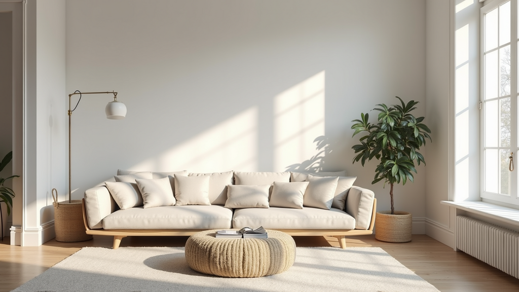 Eye-level view of a neatly organized living room with minimal decor