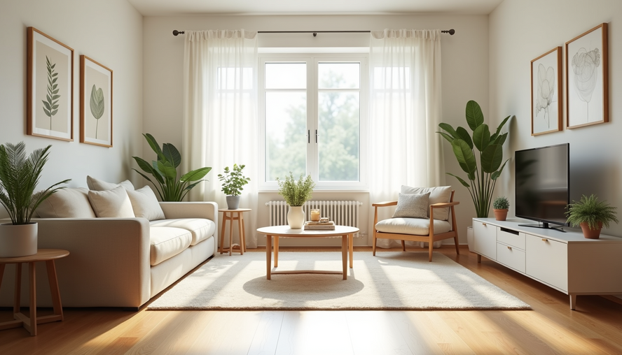 Eye-level view of a living room with freshly cleaned surfaces and organized furniture