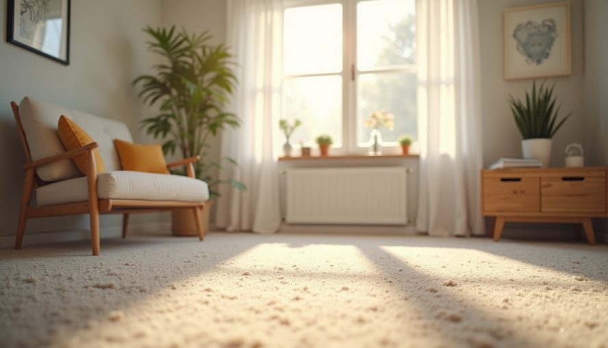 Eye-level view of a freshly cleaned living room with sunlight streaming through windows