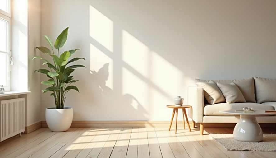 Eye-level view of a bright, organized living room with sunlight streaming through large windows