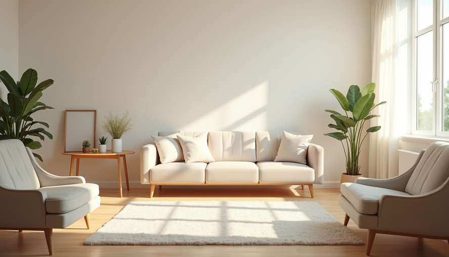 Eye-level view of a tidy living room with sunlight streaming through windows