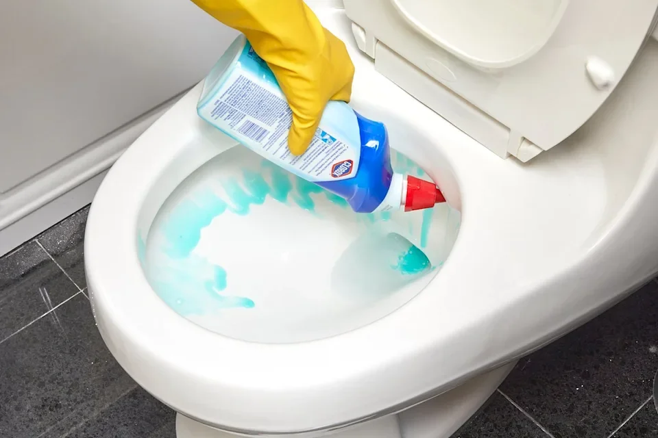 Cleaner disinfecting a toilet bowl with gloves and spray