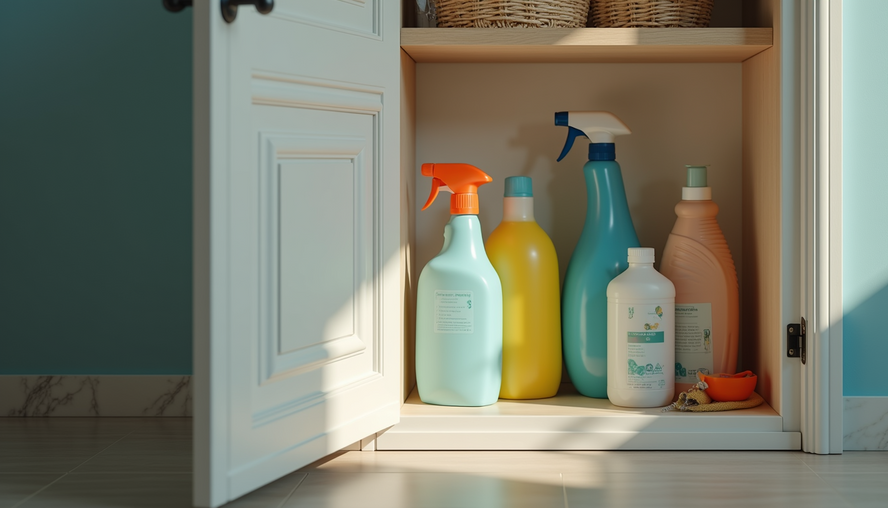 Eye-level view of a well-organized cleaning supply shelf in a home utility closet