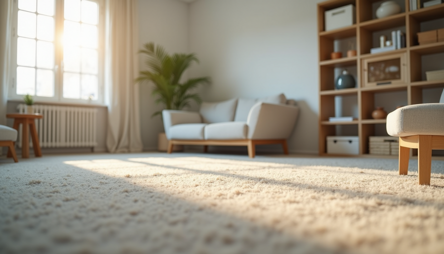 Eye-level view of a bright living room with freshly vacuumed carpet and tidy furniture