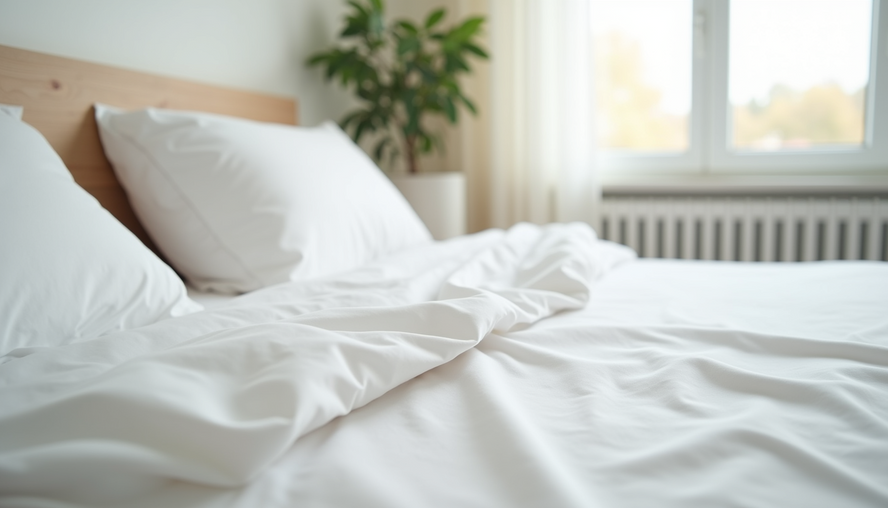 Close-up view of freshly laundered white bed sheets neatly spread on a bed