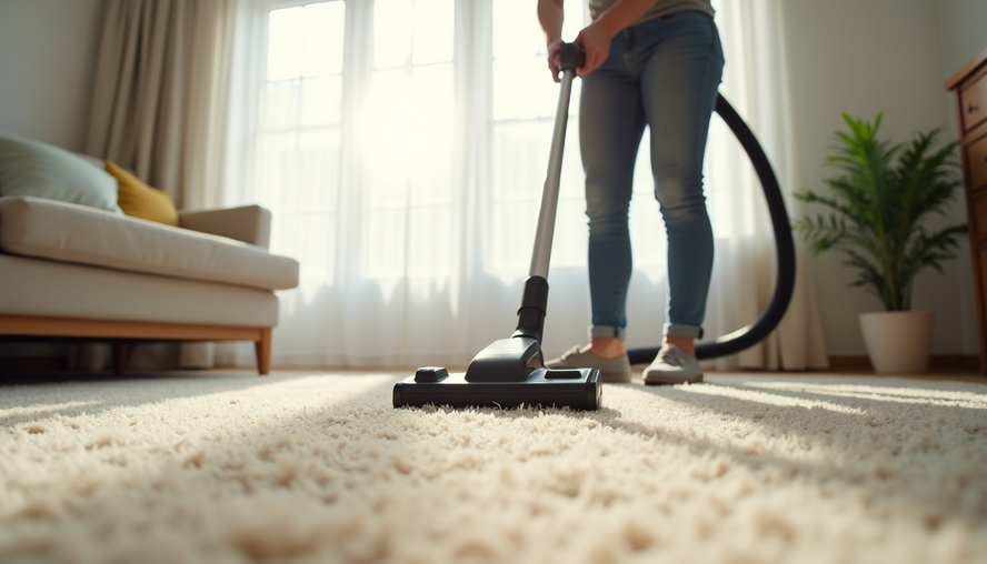 Eye-level view of a professional cleaner vacuuming a bright living room carpet