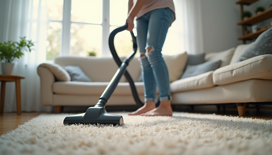 Eye-level view of a cleaning lady vacuuming a living room carpet